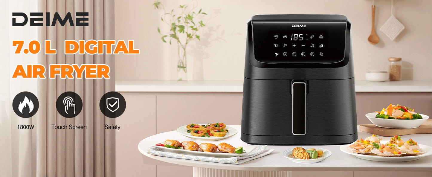 DEIME Air Fryer 7.2 QT 1700W Oilless Oven Healthy Cooker Air Fryers Large Capacity with 12 Presets, Visible Cooking Window, LCD Touch Screen, Customerizable Cooking, Non-Stick Basket (Black)