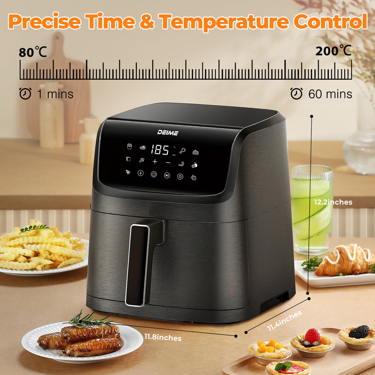 DEIME Air Fryer 7.2 QT 1700W Oilless Oven Healthy Cooker Air Fryers Large Capacity with 12 Presets, Visible Cooking Window, LCD Touch Screen, Customerizable Cooking, Non-Stick Basket (Black)