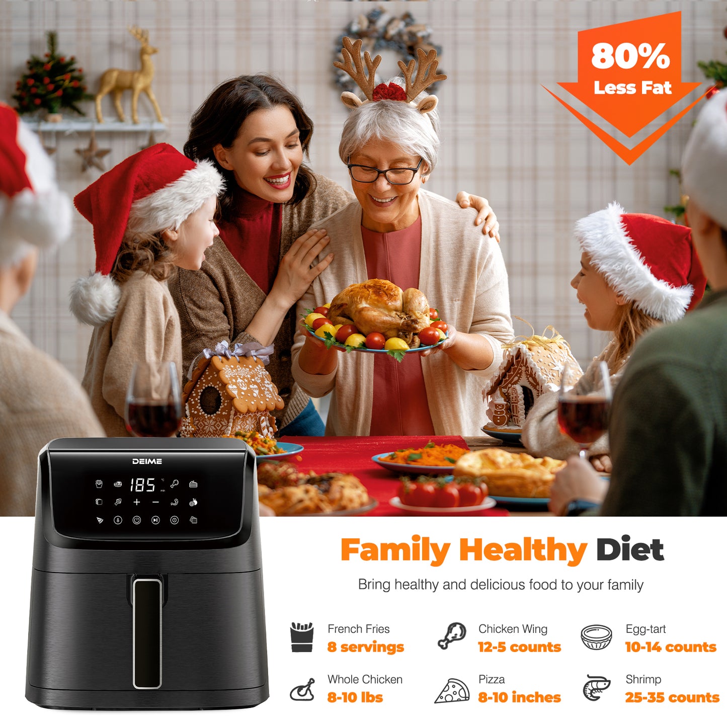 DEIME Air Fryer 7.2 QT 1700W Oilless Oven Healthy Cooker Air Fryers Large Capacity with 12 Presets, Visible Cooking Window, LCD Touch Screen, Customerizable Cooking, Non-Stick Basket (Black)
