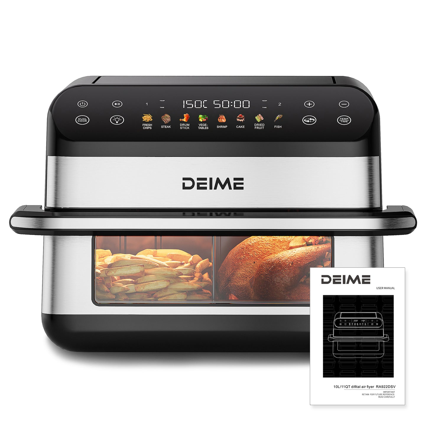 DEIME Air Fryer 10.6 QT Oilless 1800W Large Capacity Oven Air Fryers Healthy Cooker with 8 Preset, Large AirFryer for Families Visual Cooking Window, Non-Stick Basket, Included Recipe