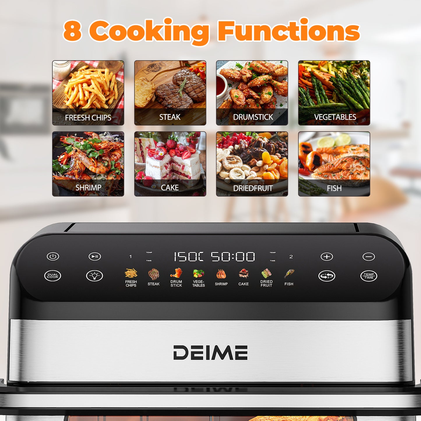 DEIME Air Fryer 10.6 QT Oilless 1800W Large Capacity Oven Air Fryers Healthy Cooker with 8 Preset, Large AirFryer for Families Visual Cooking Window, Non-Stick Basket, Included Recipe