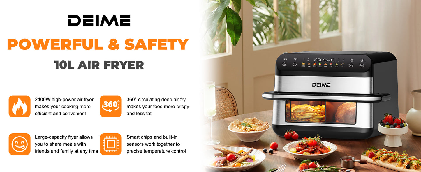DEIME Air Fryer 10.6 QT Oilless 1800W Large Capacity Oven Air Fryers Healthy Cooker with 8 Preset, Large AirFryer for Families Visual Cooking Window, Non-Stick Basket, Included Recipe