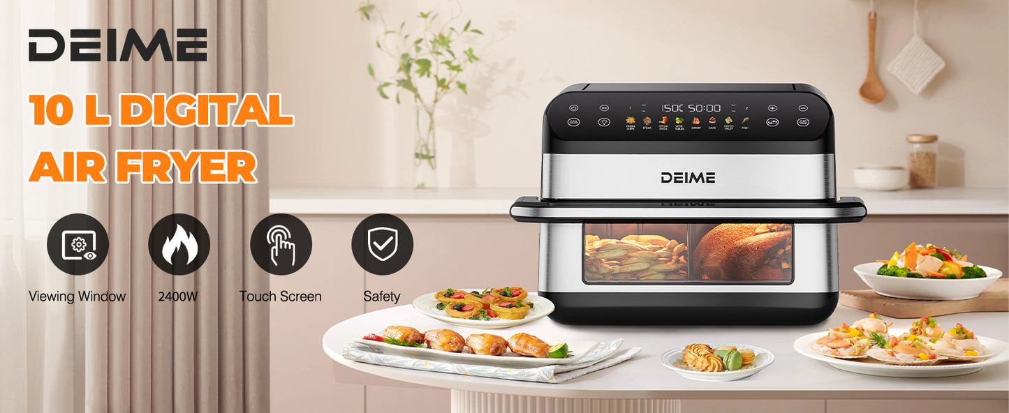 DEIME Air Fryer 10.6 QT Oilless 1800W Large Capacity Oven Air Fryers Healthy Cooker with 8 Preset, Large AirFryer for Families Visual Cooking Window, Non-Stick Basket, Included Recipe