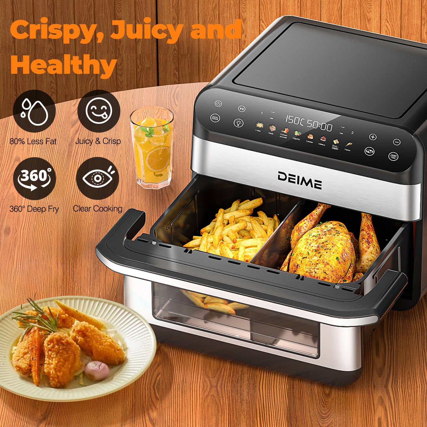 DEIME Air Fryer 10.6 QT Oilless 1800W Large Capacity Oven Air Fryers Healthy Cooker with 8 Preset, Large AirFryer for Families Visual Cooking Window, Non-Stick Basket, Included Recipe