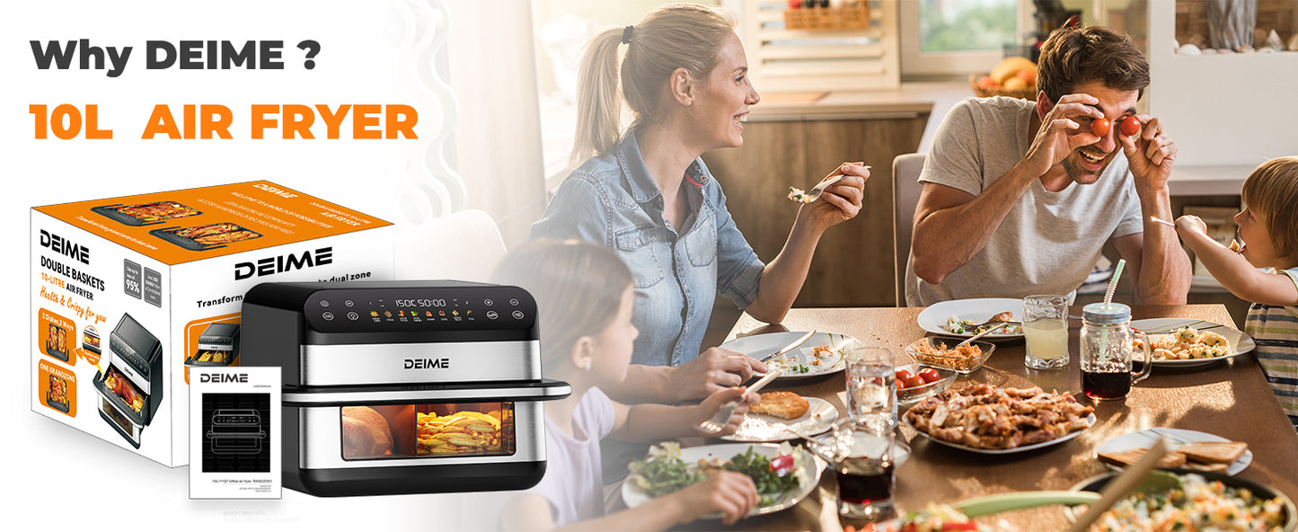 DEIME Air Fryer 10.6 QT Oilless 1800W Large Capacity Oven Air Fryers Healthy Cooker with 8 Preset, Large AirFryer for Families Visual Cooking Window, Non-Stick Basket, Included Recipe