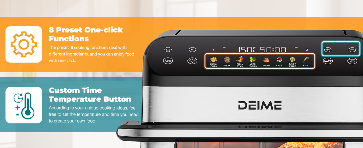 DEIME Air Fryer 10.6 QT Oilless 1800W Large Capacity Oven Air Fryers Healthy Cooker with 8 Preset, Large AirFryer for Families Visual Cooking Window, Non-Stick Basket, Included Recipe