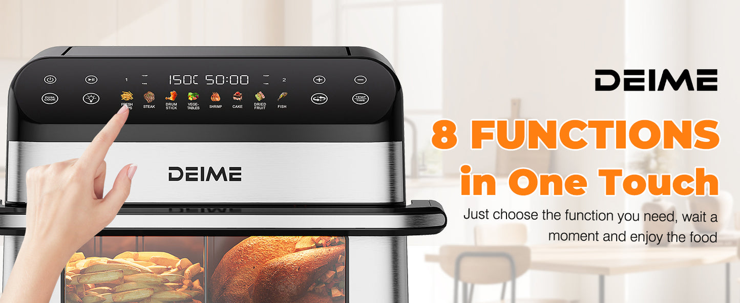 DEIME Air Fryer 10.6 QT Oilless 1800W Large Capacity Oven Air Fryers Healthy Cooker with 8 Preset, Large AirFryer for Families Visual Cooking Window, Non-Stick Basket, Included Recipe