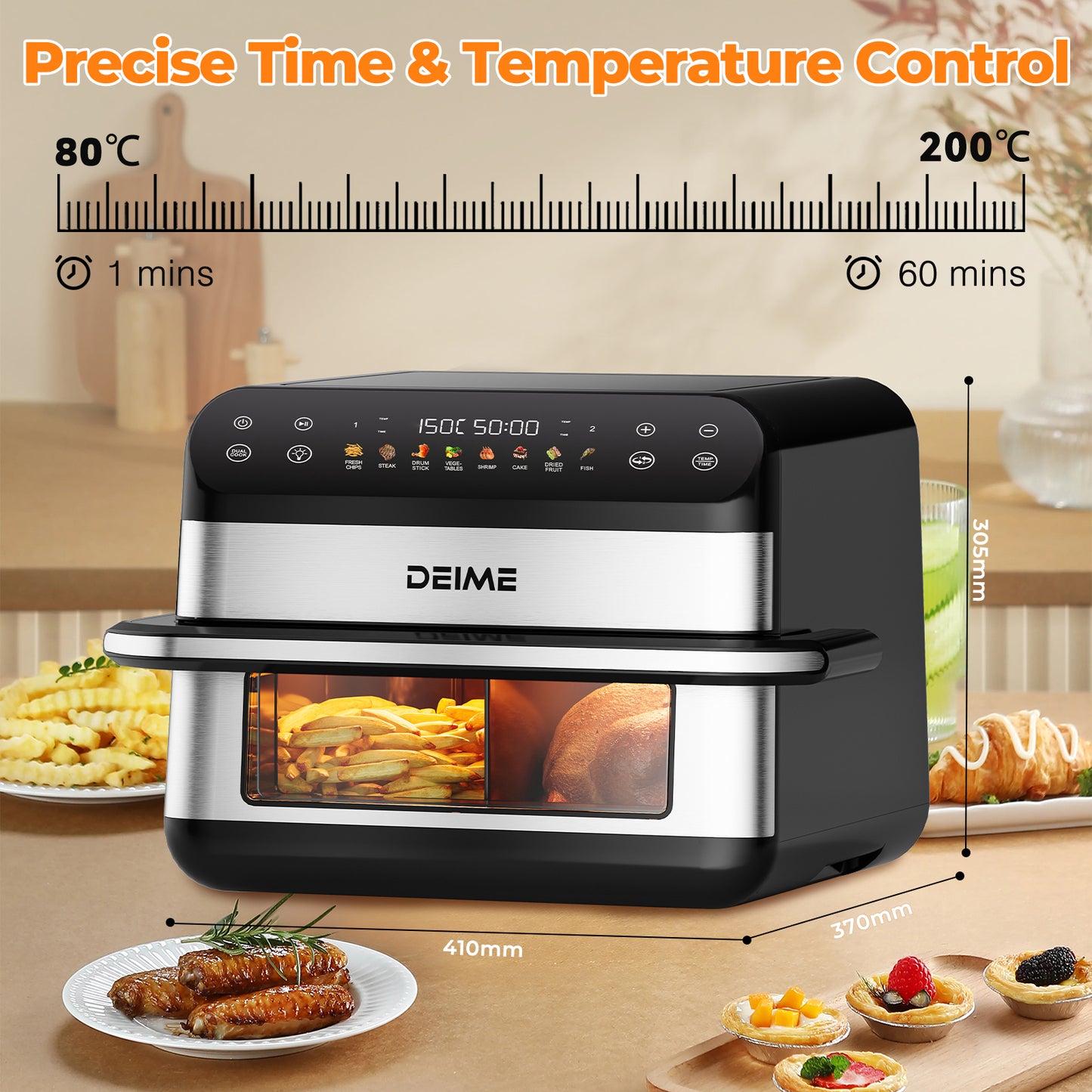 DEIME Air Fryer 10.6 QT Oilless 1800W Large Capacity Oven Air Fryers Healthy Cooker with 8 Preset, Large AirFryer for Families Visual Cooking Window, Non-Stick Basket, Included Recipe
