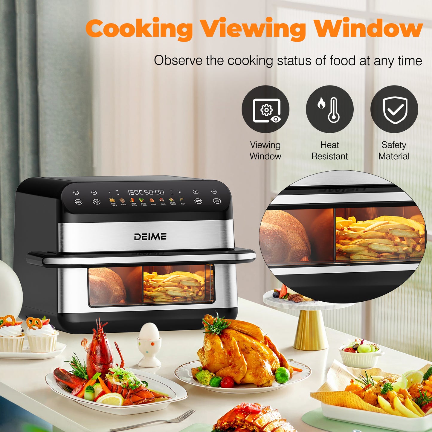 DEIME Air Fryer 10.6 QT Oilless 1800W Large Capacity Oven Air Fryers Healthy Cooker with 8 Preset, Large AirFryer for Families Visual Cooking Window, Non-Stick Basket, Included Recipe