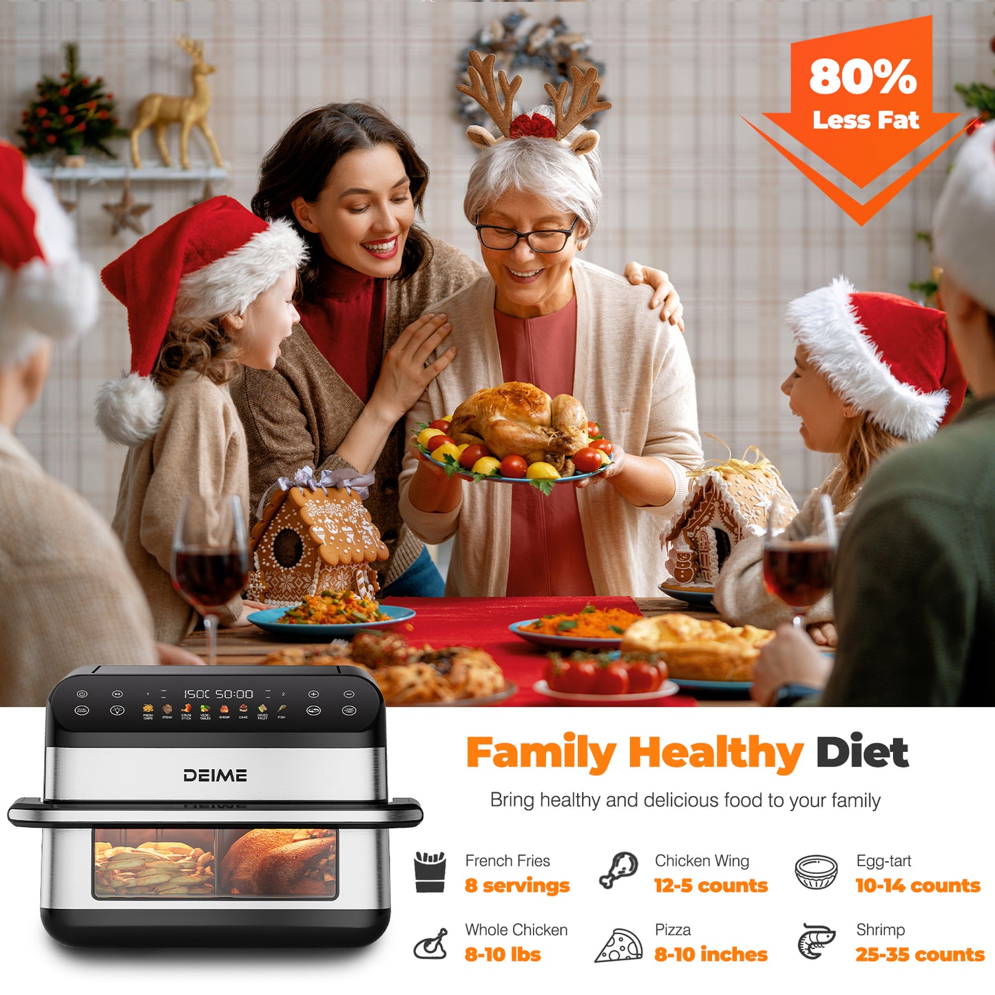 DEIME Air Fryer 10.6 QT Oilless 1800W Large Capacity Oven Air Fryers Healthy Cooker with 8 Preset, Large AirFryer for Families Visual Cooking Window, Non-Stick Basket, Included Recipe