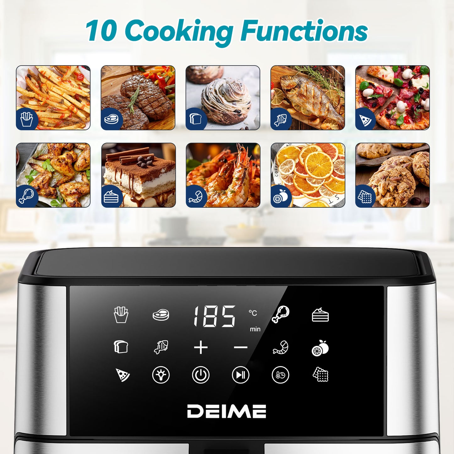 DEIME Air Fryer 10.2 QT Oilless 1700W Large Capacity Oven Air Fryers Healthy Cooker with 10 Preset, Large AirFryer for Families Visual Cooking Window, Non-Stick Basket, Included Recipe