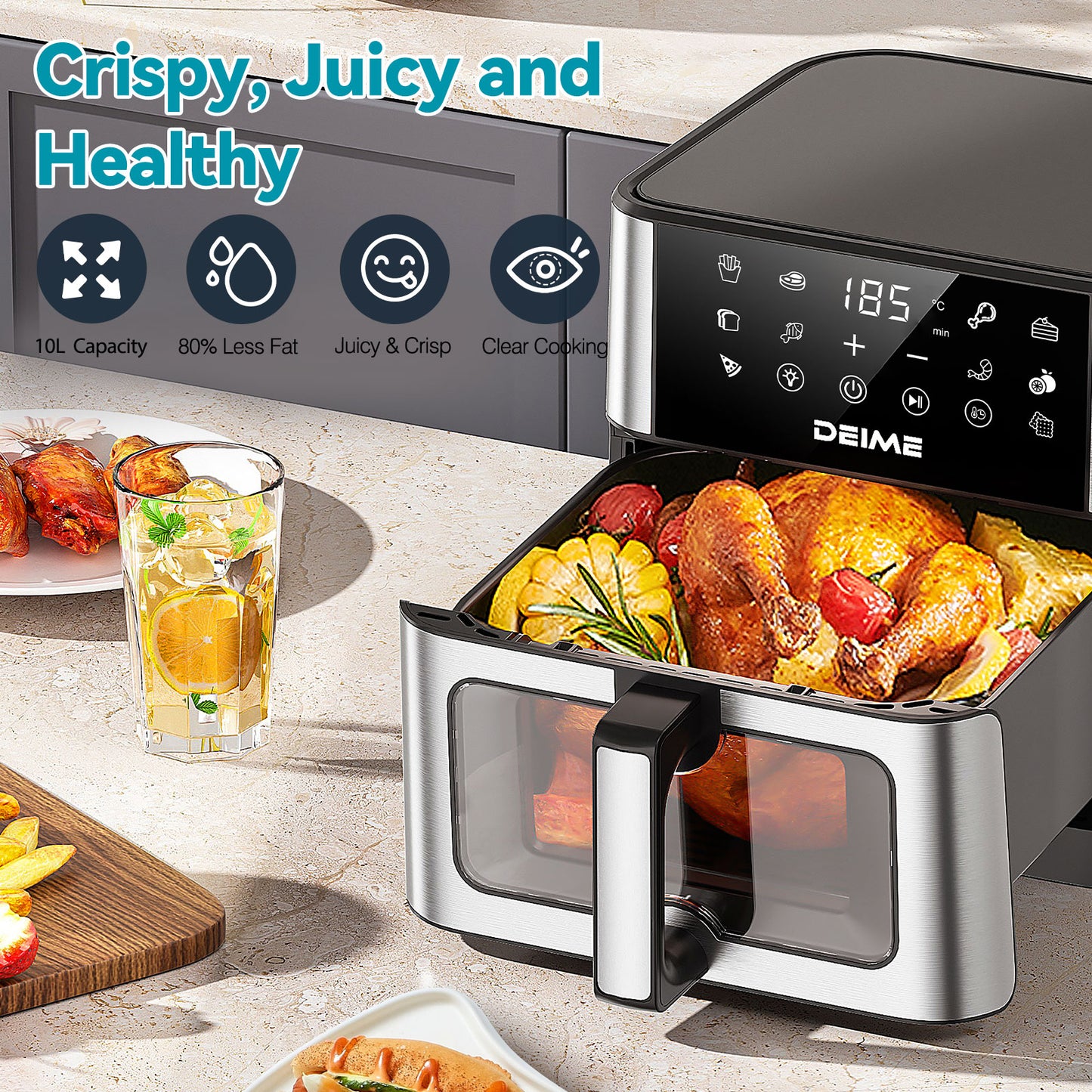 DEIME Air Fryer 10.2 QT Oilless 1700W Large Capacity Oven Air Fryers Healthy Cooker with 10 Preset, Large AirFryer for Families Visual Cooking Window, Non-Stick Basket, Included Recipe