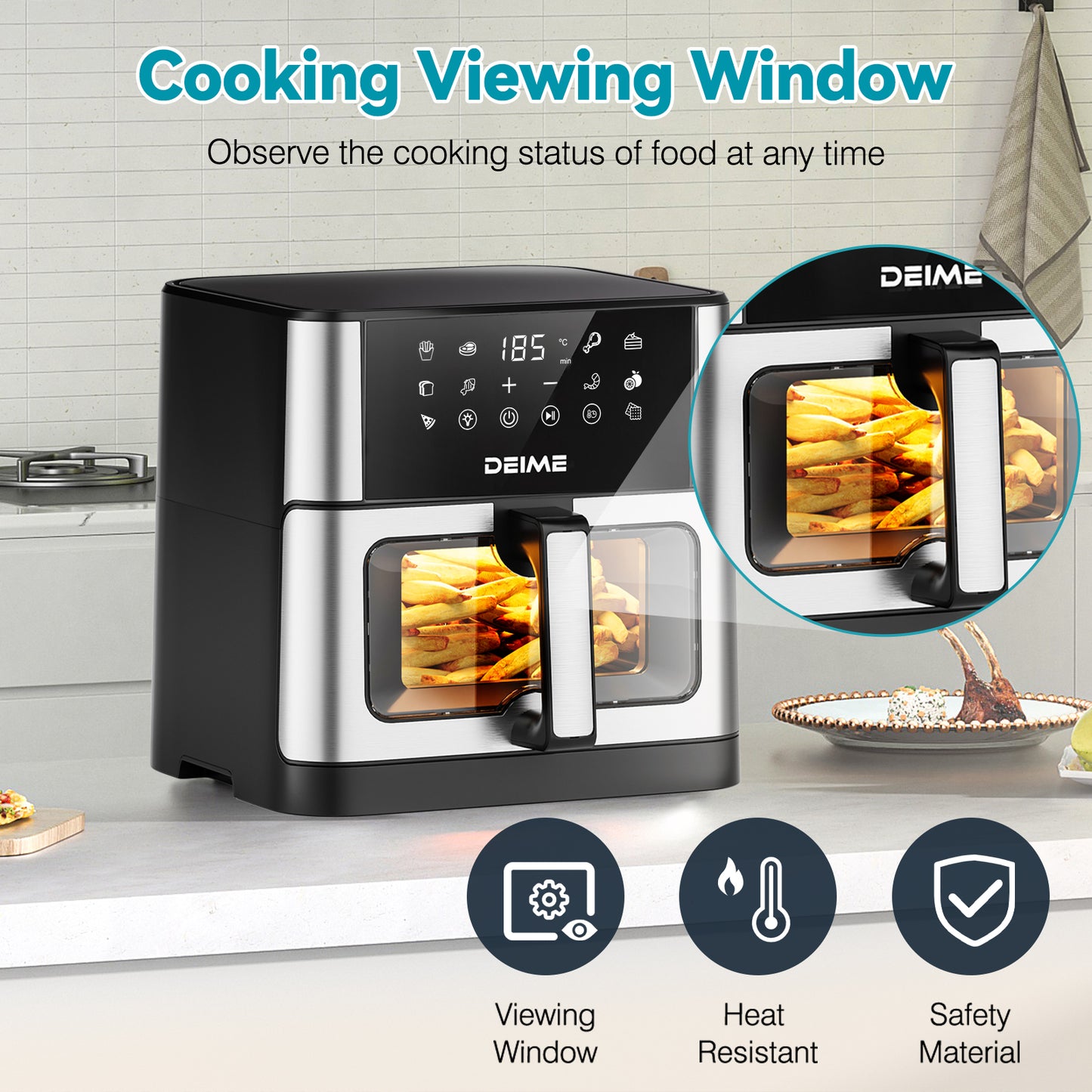 DEIME Air Fryer 10.2 QT Oilless 1700W Large Capacity Oven Air Fryers Healthy Cooker with 10 Preset, Large AirFryer for Families Visual Cooking Window, Non-Stick Basket, Included Recipe