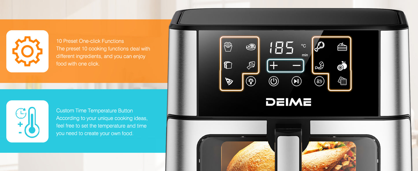 DEIME Air Fryer 10.2 QT Oilless 1700W Large Capacity Oven Air Fryers Healthy Cooker with 10 Preset, Large AirFryer for Families Visual Cooking Window, Non-Stick Basket, Included Recipe