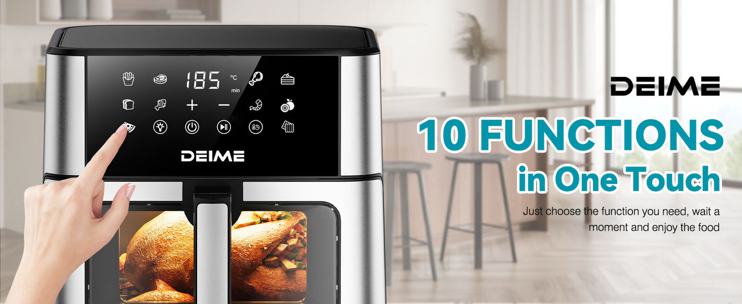 DEIME Air Fryer 10.2 QT Oilless 1700W Large Capacity Oven Air Fryers Healthy Cooker with 10 Preset, Large AirFryer for Families Visual Cooking Window, Non-Stick Basket, Included Recipe