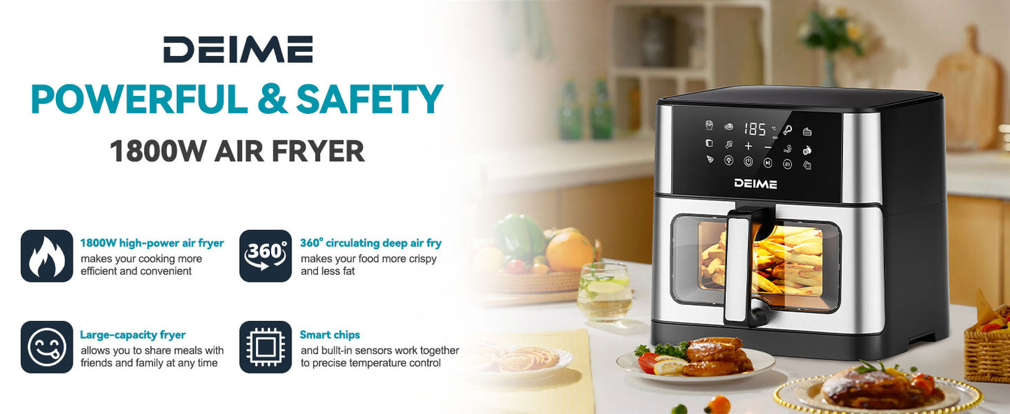 DEIME Air Fryer 10.2 QT Oilless 1700W Large Capacity Oven Air Fryers Healthy Cooker with 10 Preset, Large AirFryer for Families Visual Cooking Window, Non-Stick Basket, Included Recipe