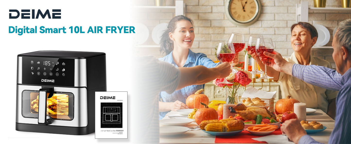 DEIME Air Fryer 10.2 QT Oilless 1700W Large Capacity Oven Air Fryers Healthy Cooker with 10 Preset, Large AirFryer for Families Visual Cooking Window, Non-Stick Basket, Included Recipe