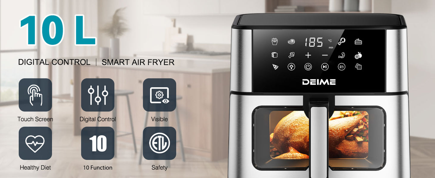 DEIME Air Fryer 10.2 QT Oilless 1700W Large Capacity Oven Air Fryers Healthy Cooker with 10 Preset, Large AirFryer for Families Visual Cooking Window, Non-Stick Basket, Included Recipe