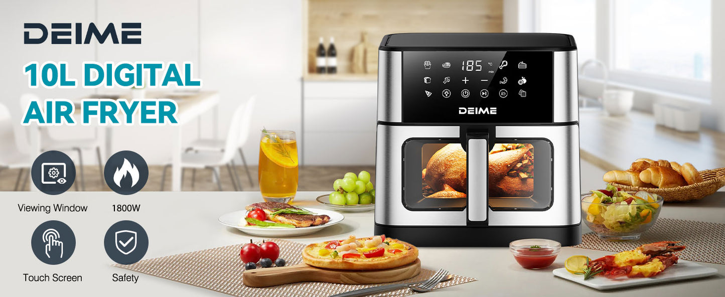 DEIME Air Fryer 10.2 QT Oilless 1700W Large Capacity Oven Air Fryers Healthy Cooker with 10 Preset, Large AirFryer for Families Visual Cooking Window, Non-Stick Basket, Included Recipe