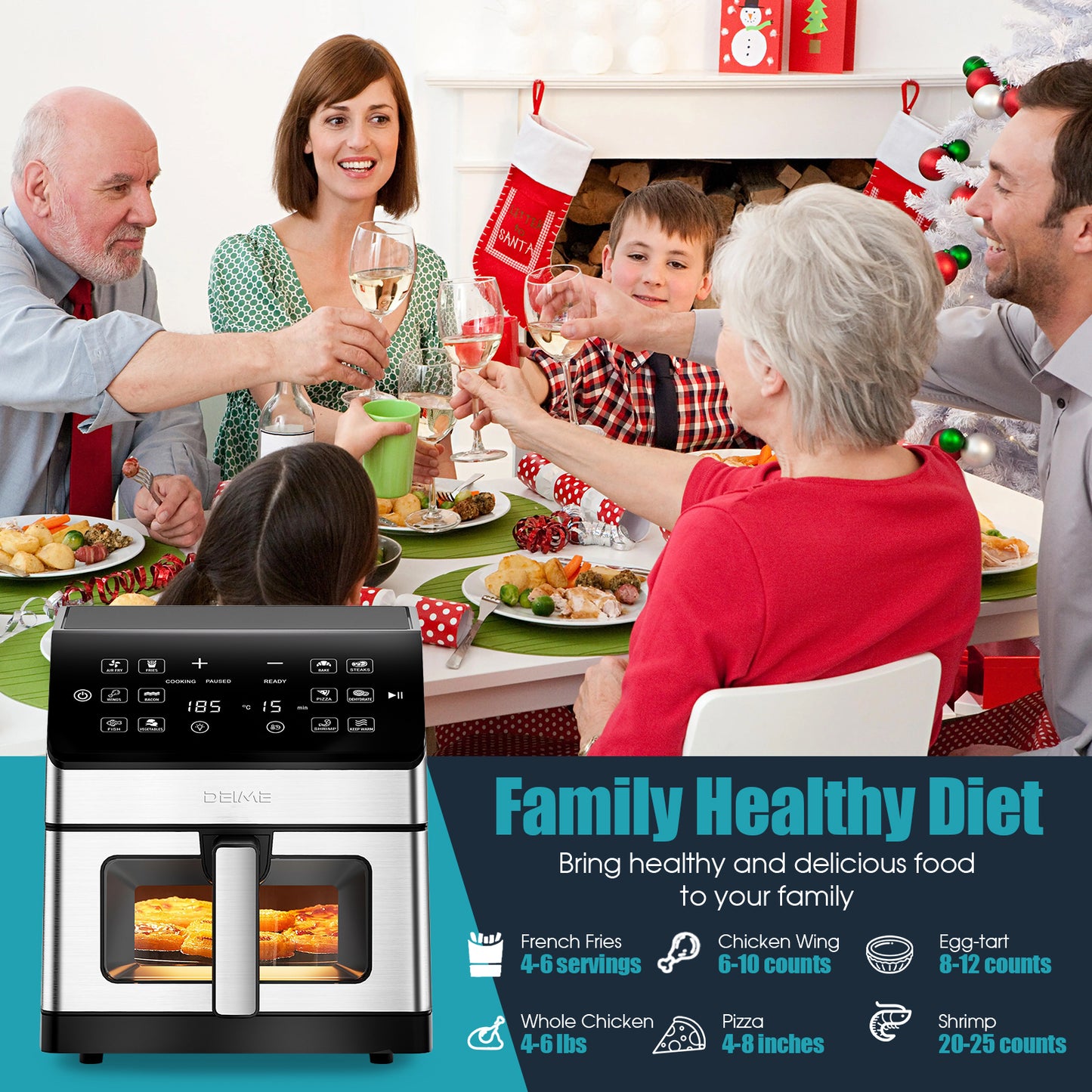 DEIME Air Fryer 6.5 QT Oilless 1700W Large Capacity Oven Air Fryers Healthy Cooker with 10 Preset, Visual Cooking Window, Non-Stick Basket