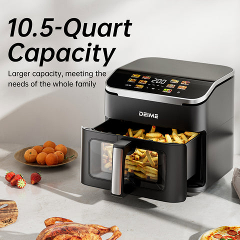 DEIME Air Fryer 10.2 QT, 1700W Large Capacity with 10 Preset, Visual Cooking Window, Non-Stick Basket, Recipe Included