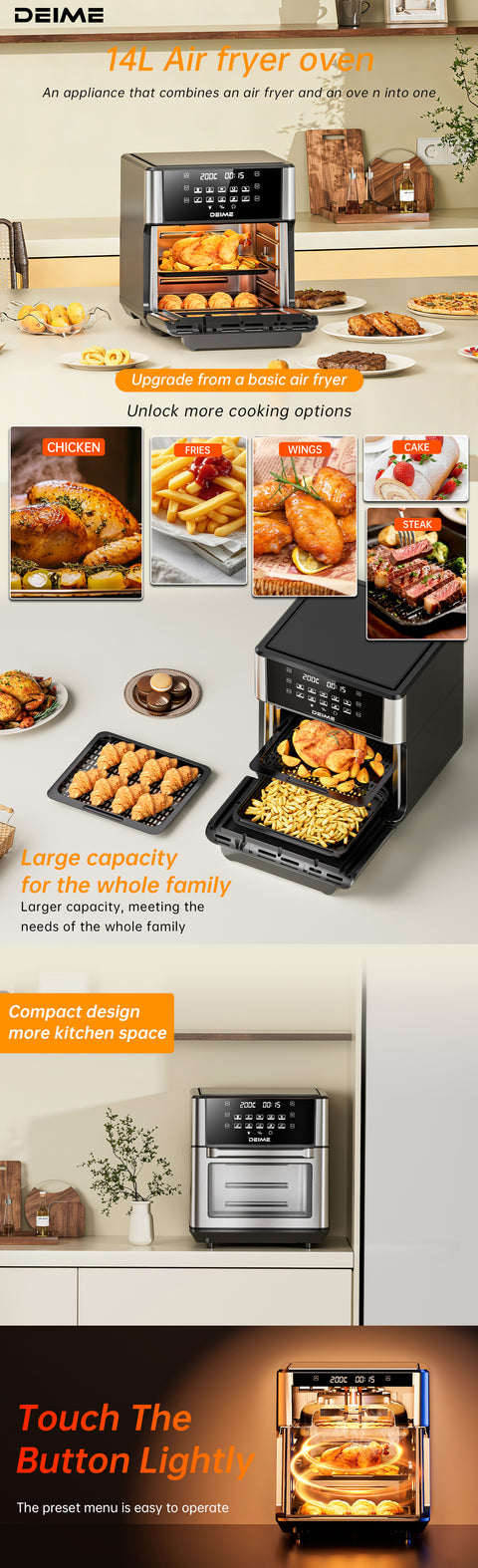 DEIME Air Fryer - 14 Qt All-in-One Rotisserie Oven with Digital Display, 12 Presets, Roast, Bake, Broil, Dehydrate, Dishwasher Safe Accessories, Stainless Steel