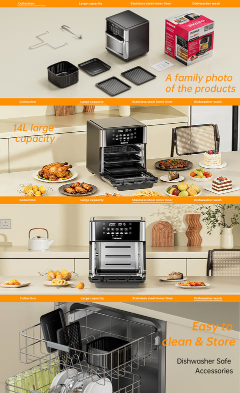DEIME Air Fryer - 14 Qt All-in-One Rotisserie Oven with Digital Display, 12 Presets, Roast, Bake, Broil, Dehydrate, Dishwasher Safe Accessories, Stainless Steel