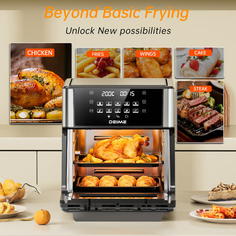DEIME Air Fryer - 14 Qt All-in-One Rotisserie Oven with Digital Display, 12 Presets, Roast, Bake, Broil, Dehydrate, Dishwasher Safe Accessories, Stainless Steel