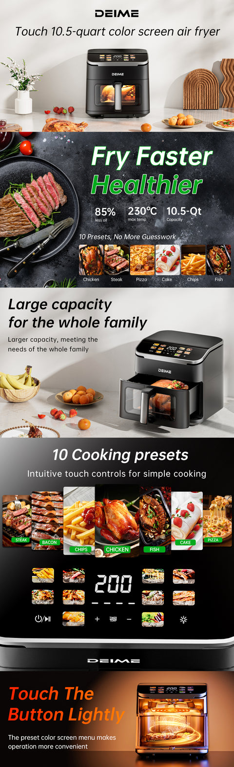 DEIME Air Fryer 10.2 QT, 1700W Large Capacity with 10 Preset, Visual Cooking Window, Non-Stick Basket, Recipe Included