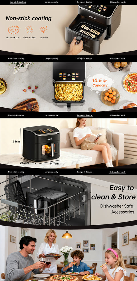 DEIME Air Fryer 10.2 QT, 1700W Large Capacity with 10 Preset, Visual Cooking Window, Non-Stick Basket, Recipe Included