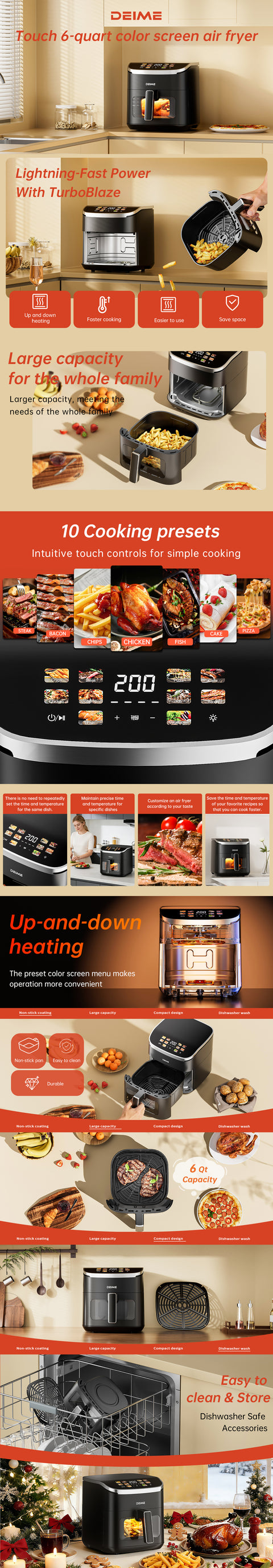 DEIME Air Fryer 7 Qt | TurboFry 7-in-1 High-Powered 450°F Cooking for Crispier and Even Results | XL Basket with Viewing Window | Air Fry, Bake, Broil, Reheat, Dehydrate, Defrost, Keep Warm