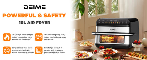 DEIME Air Fryer 10.6 QT Oilless 1800W Large Capacity Oven Air Fryers Healthy Cooker with 8 Preset, Large AirFryer for Families Visual Cooking Window, Non-Stick Basket, Included Recipe
