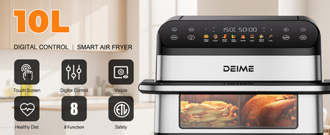 DEIME Air Fryer 10.6 QT Oilless 1800W Large Capacity Oven Air Fryers Healthy Cooker with 8 Preset, Large AirFryer for Families Visual Cooking Window, Non-Stick Basket, Included Recipe