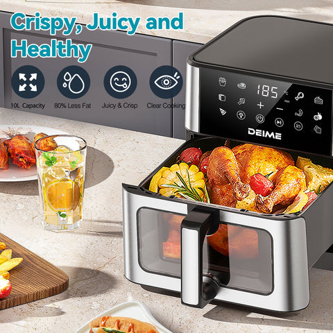 DEIME Air Fryer 10.2 QT Oilless 1700W Large Capacity Oven Air Fryers Healthy Cooker with 10 Preset, Large AirFryer for Families Visual Cooking Window, Non-Stick Basket, Included Recipe