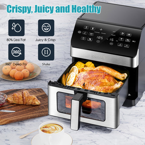 DEIME Air Fryer 6.5 QT Oilless 1700W Large Capacity Oven Air Fryers Healthy Cooker with 10 Preset, Visual Cooking Window, Non-Stick Basket