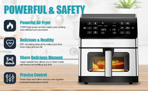 DEIME Air Fryer 6.5 QT Oilless 1700W Large Capacity Oven Air Fryers Healthy Cooker with 10 Preset, Visual Cooking Window, Non-Stick Basket
