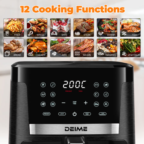 DEIME Air Fryer 7.2 QT 1700W Oilless Oven Healthy Cooker Air Fryers Large Capacity with 12 Presets, Visible Cooking Window, LCD Touch Screen, Customerizable Cooking, Non-Stick Basket (Black)