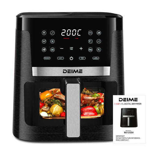 DEIME Air Fryer 7.2 QT 1700W Oilless Oven Healthy Cooker Air Fryers Large Capacity with 12 Presets, Visible Cooking Window, LCD Touch Screen, Customerizable Cooking, Non-Stick Basket (Black)
