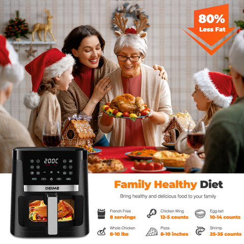 DEIME Air Fryer 7.2 QT 1700W Oilless Oven Healthy Cooker Air Fryers Large Capacity with 12 Presets, Visible Cooking Window, LCD Touch Screen, Customerizable Cooking, Non-Stick Basket (Black)